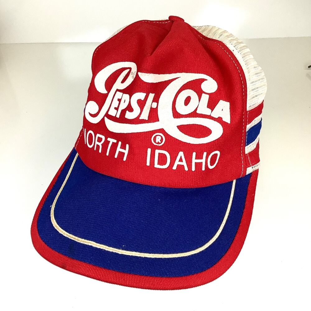 Pepsi-Cola North Idaho 3 Stripe Red & Blue Mesh Trucker Snapback Hat Cap Vintage